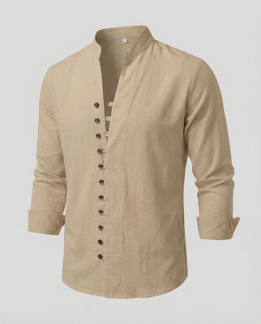 Gustav Airy Linen Shirt with Stand Collar and Button Front in Khaki