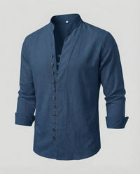 Gustav Airy Linen Shirt with Stand Collar and Button Front in Multicolour