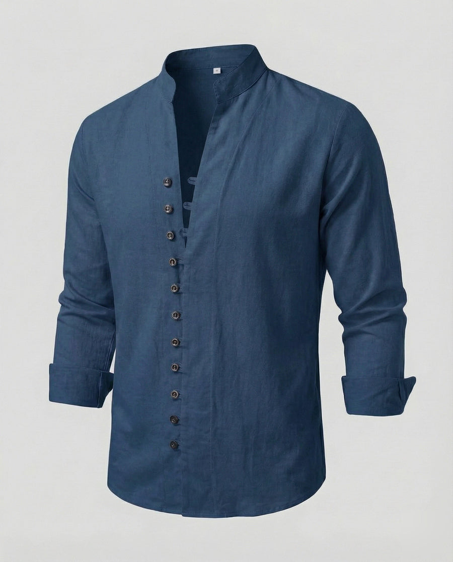 Gustav Airy Linen Shirt with Stand Collar and Button Front in Multicolour
