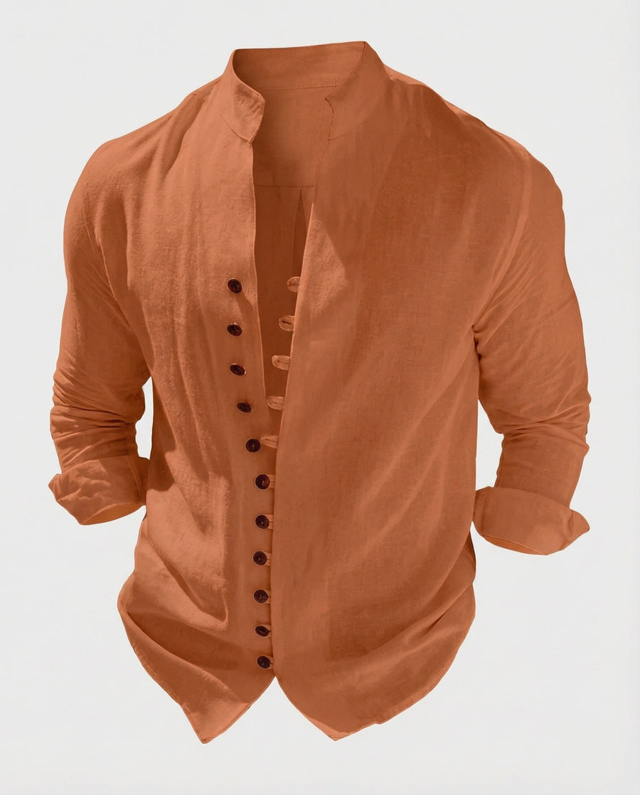 Gustav Airy Linen Shirt with Stand Collar and Button Front in Orange