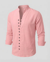Gustav Airy Linen Shirt with Stand Collar and Button Front in Pink