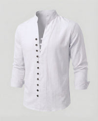 Gustav Airy Linen Shirt with Stand Collar and Button Front in White