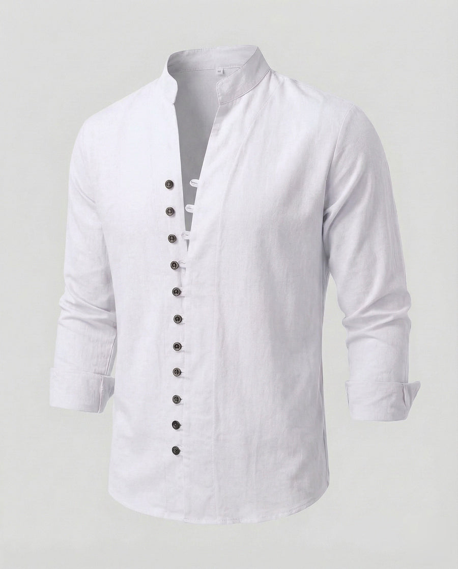 Gustav Airy Linen Shirt with Stand Collar and Button Front in White