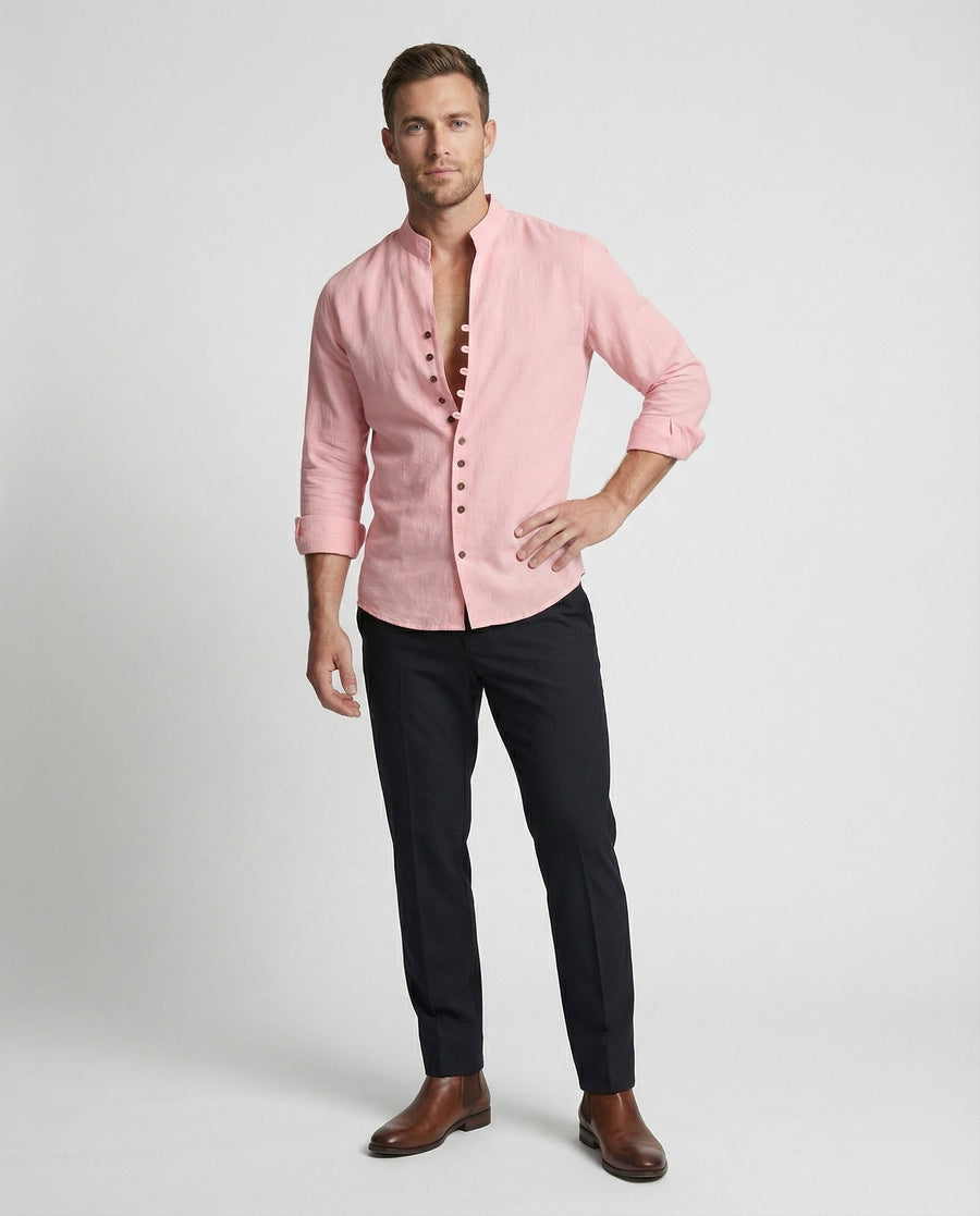 Gustav Airy Linen Shirt with Stand Collar and Button Front