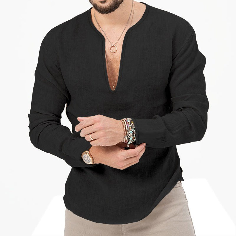 Gustav Lightweight Linen Shirt with V-Neck in Black