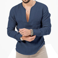 Gustav Lightweight Linen Shirt with V-Neck in Blue