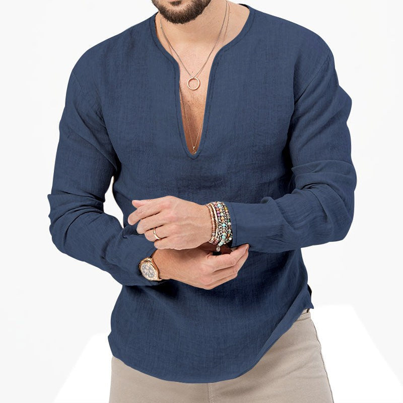 Gustav Lightweight Linen Shirt with V-Neck in Blue