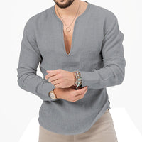 Gustav Lightweight Linen Shirt with V-Neck in Grey