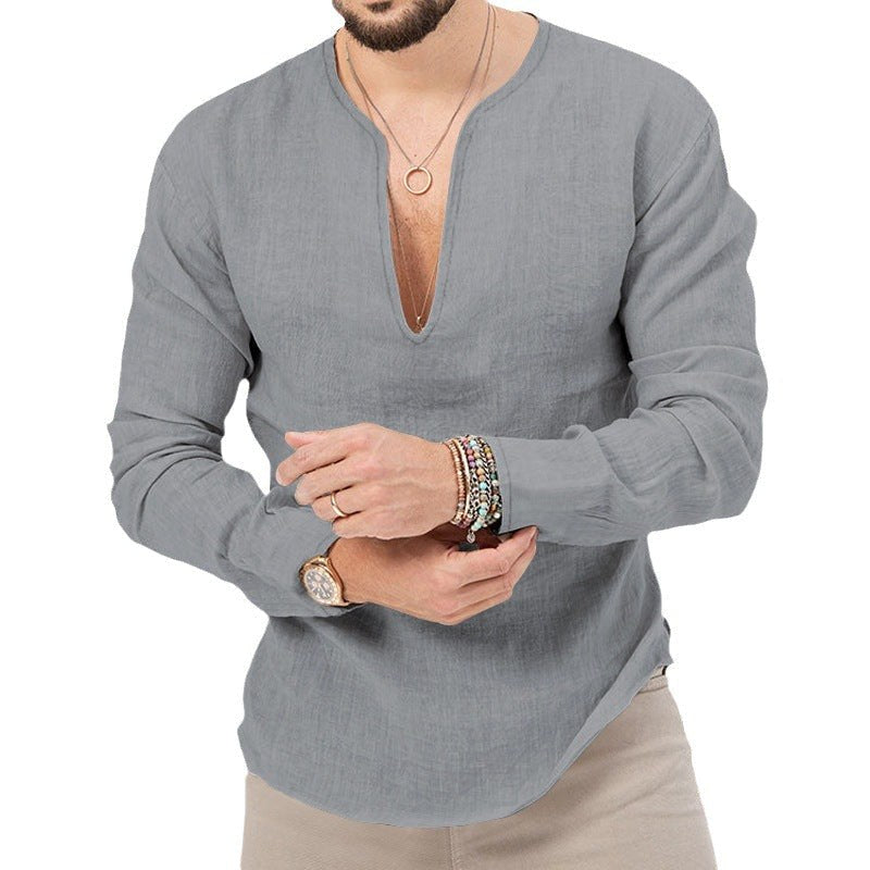 Gustav Lightweight Linen Shirt with V-Neck in Khaki