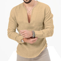 Gustav Lightweight Linen Shirt with V-Neck in Khaki