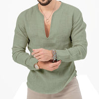 Gustav Lightweight Linen Shirt with V-Neck in Light Green