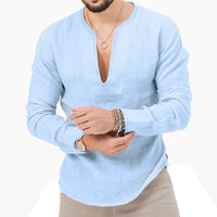 Gustav Lightweight Linen Shirt with V-Neck in Sky Blue