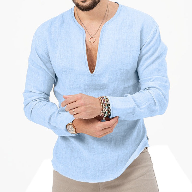 Gustav Lightweight Linen Shirt with V-Neck in Sky Blue