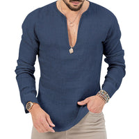 Gustav Lightweight Linen Shirt with V-Neck in White