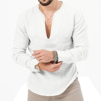 Gustav Lightweight Linen Shirt with V-Neck in White