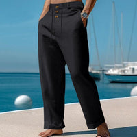 Gustav Linen Trousers with Drawstring Waist and Button Front in Black