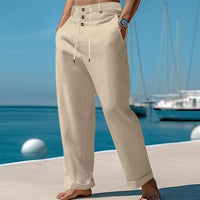 Gustav Linen Trousers with Drawstring Waist and Button Front in Khaki
