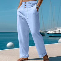 Gustav Linen Trousers with Drawstring Waist and Button Front in Light Blue