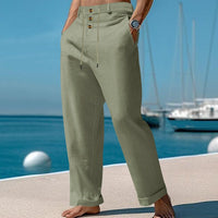 Gustav Linen Trousers with Drawstring Waist and Button Front in Olive Green