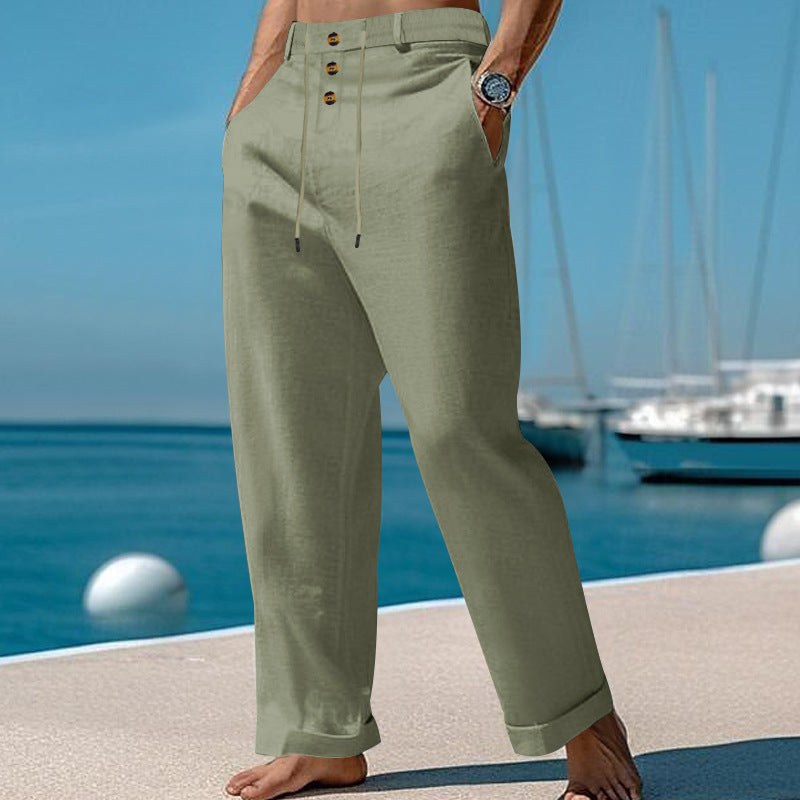 Gustav Linen Trousers with Drawstring Waist and Button Front in Olive Green