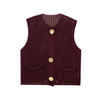 Gwen Airy Knit Vest with Pockets in Brown