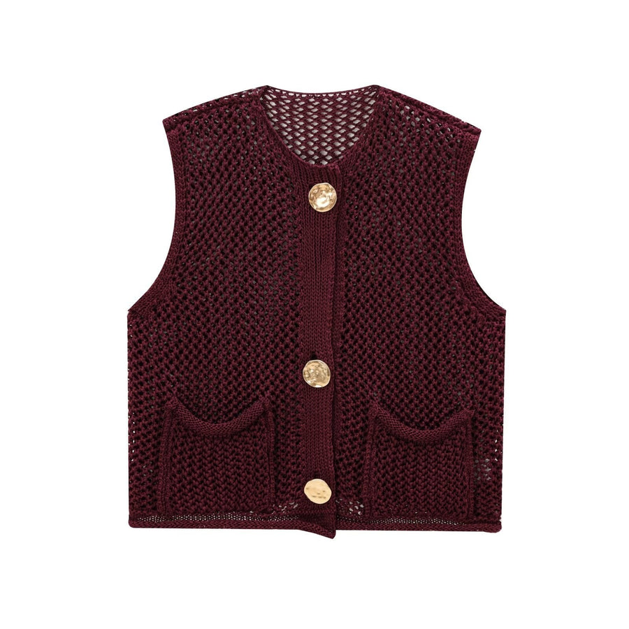 Gwen Airy Knit Vest with Pockets in Brown