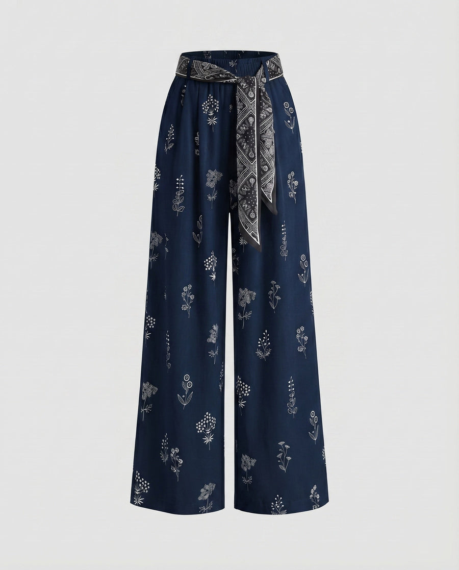 Gwen Linen Trousers with Belted in Blue