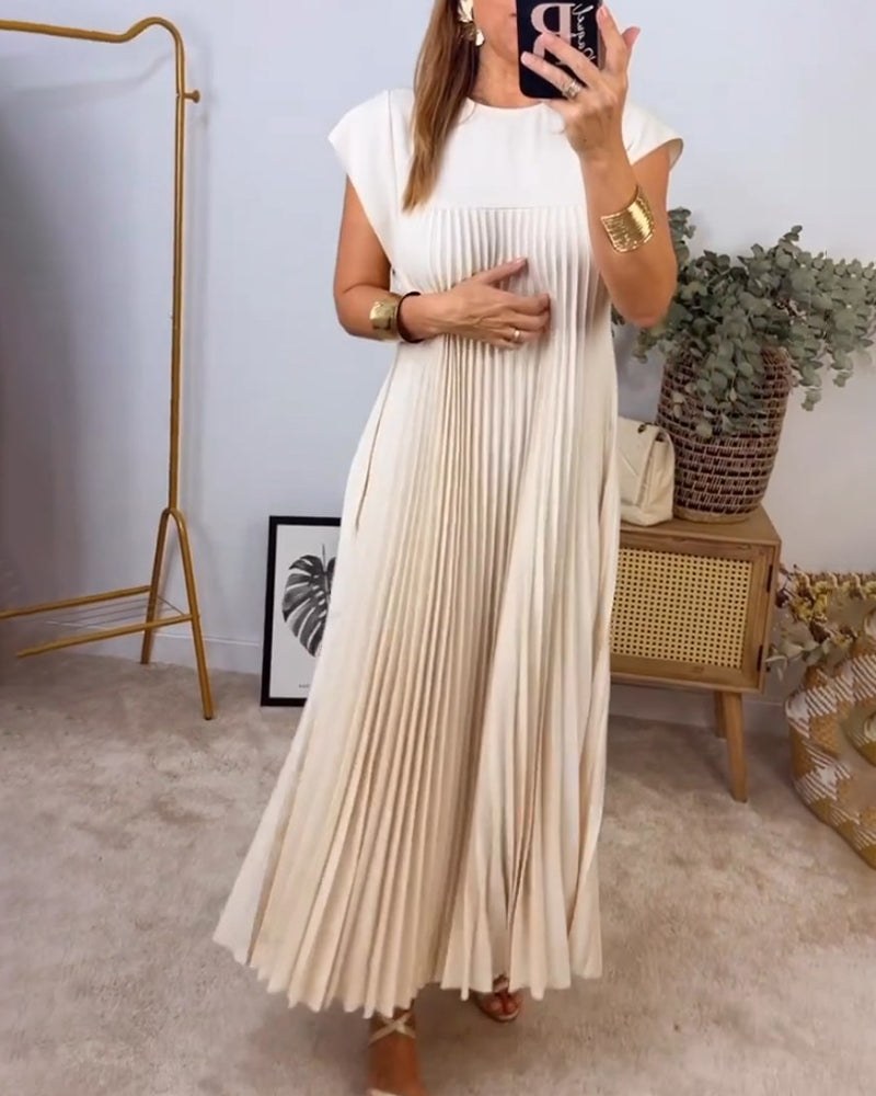 Gwendoline Pleated Maxi Dress in Beige