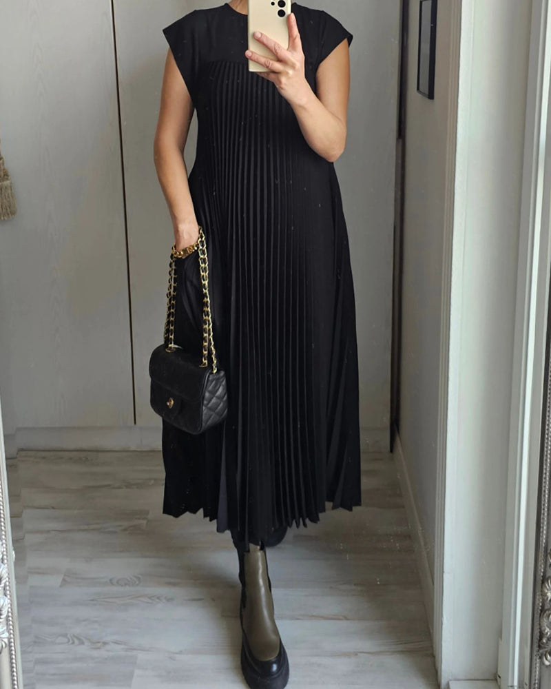 Gwendoline Pleated Maxi Dress in Beige