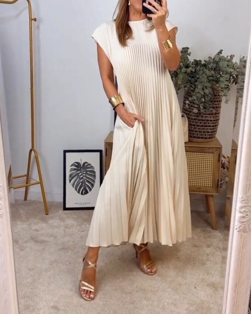 Gwendoline Pleated Maxi Dress in Beige