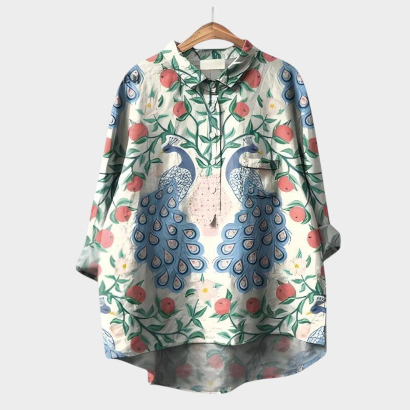 Gwenora Women's Floral Bird Print Long Sleeve Blouse in Blue