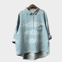 Gwenora Women's Floral Bird Print Long Sleeve Blouse in Light Blue