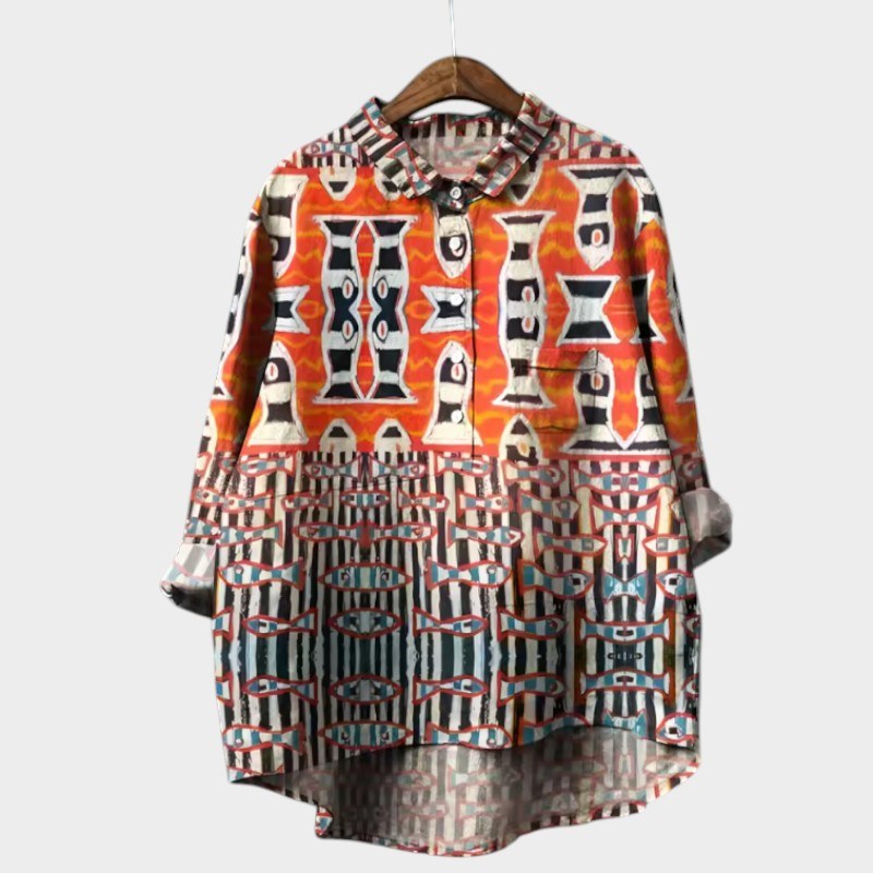 Gwenora Women's Floral Bird Print Long Sleeve Blouse in Orange
