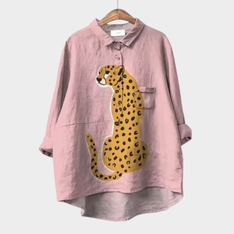 Gwenora Women's Floral Bird Print Long Sleeve Blouse in Pink