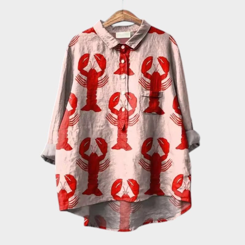Gwenora Women's Floral Bird Print Long Sleeve Blouse in Red