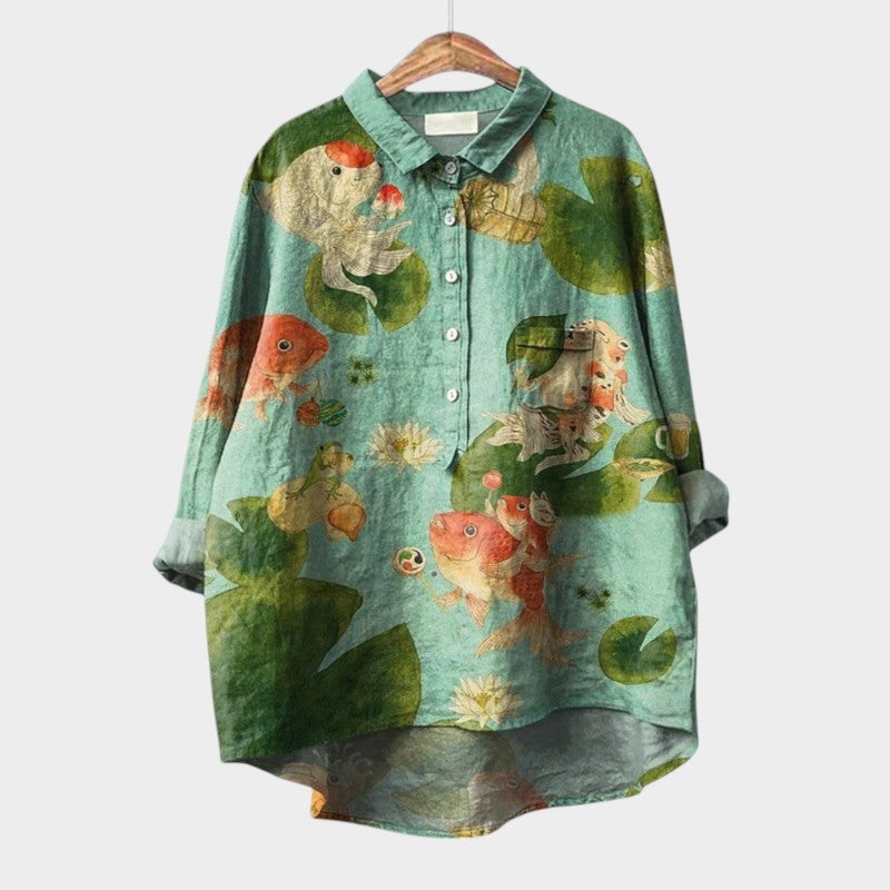 Gwenora Women's Floral Bird Print Long Sleeve Blouse in Teal