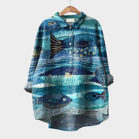 Gwenora Women's Floral Bird Print Long Sleeve Blouse in Turquoise