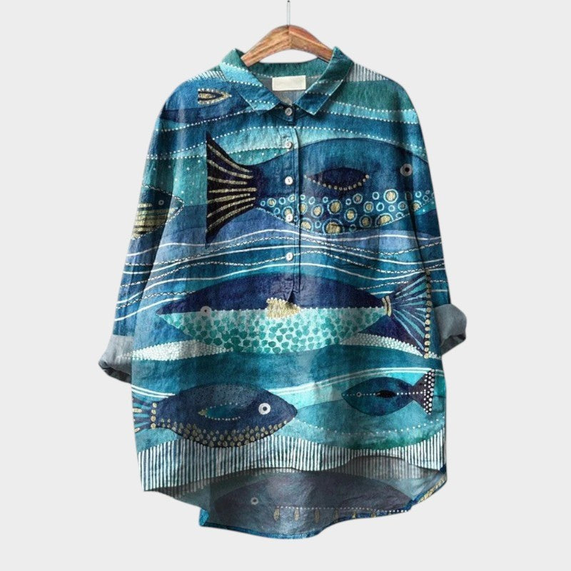 Gwenora Women's Floral Bird Print Long Sleeve Blouse in Turquoise
