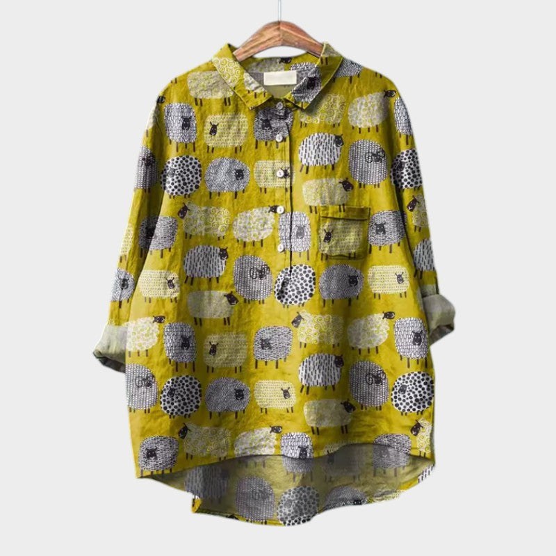 Gwenora Women's Floral Bird Print Long Sleeve Blouse in Yellow
