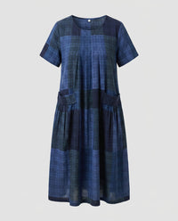 Hadley Linen Dress with Crew Neck and Side Pockets in Blue