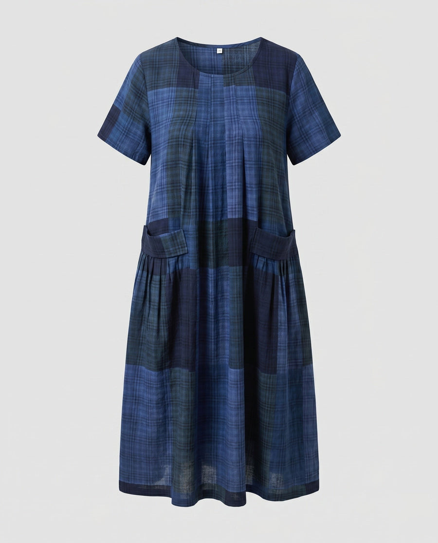 Hadley Linen Dress with Crew Neck and Side Pockets in Blue
