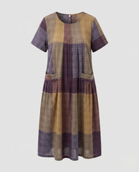Hadley Linen Dress with Crew Neck and Side Pockets in Brown