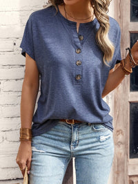 Halle Blouse with Short Sleeve and Button Front in Blue