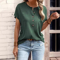 Halle Blouse with Short Sleeve and Button Front in Green