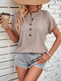 Halle Blouse with Short Sleeve and Button Front in Khaki