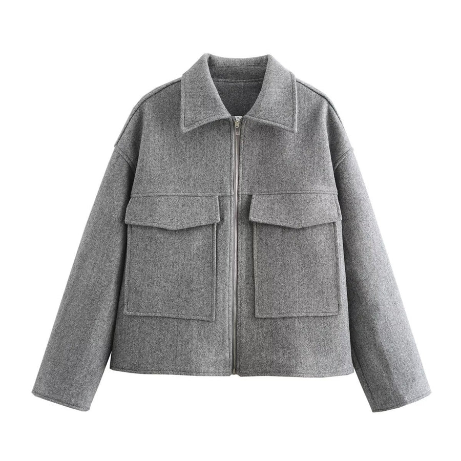 Halle Casual Jacket with Zip Front and Pockets in Grey