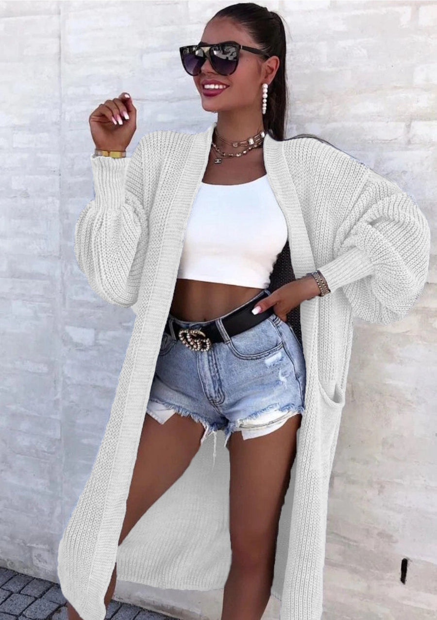 Halle Casual Knit Bag with V-Neck and Pockets in White