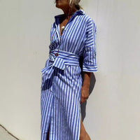 Halle Dress with Long Sleeve and Belted in Blue