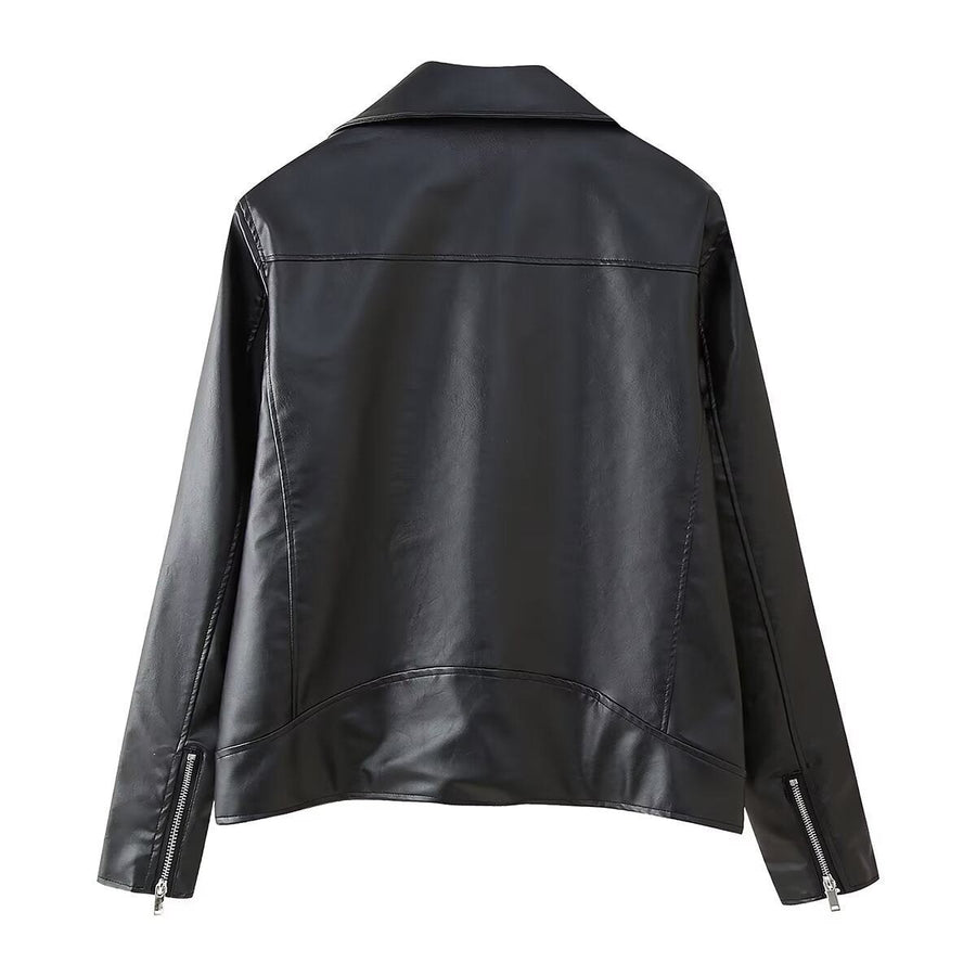Halle Leather Jacket with Zip Front in Black