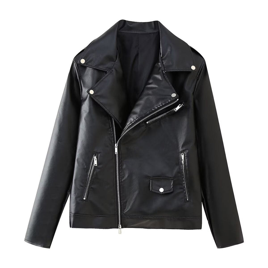 Halle Leather Jacket with Zip Front in Black